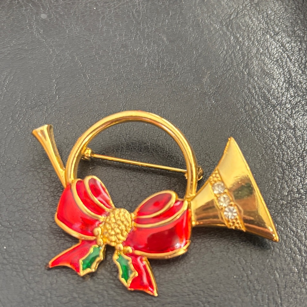 Elegant Gold and Red French horn Holiday Brooch